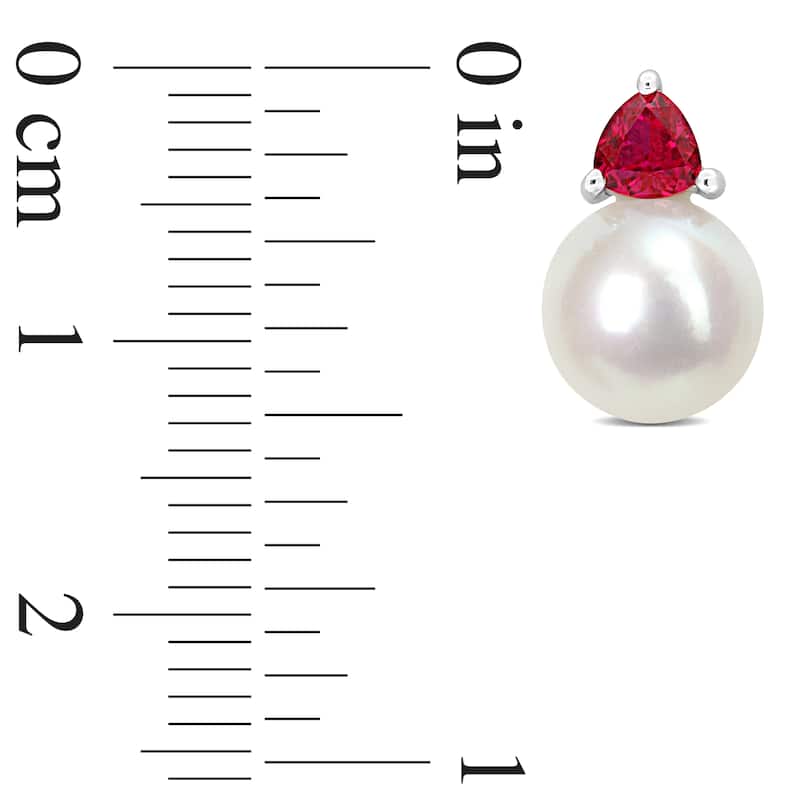 Miadora 8-8.5mm Cultured Freshwater Pearl and 3/5ct TGW Created Ruby Stud Earrings in 10k White Gold - 13 mm x 8.5 mm x 8.5 mm