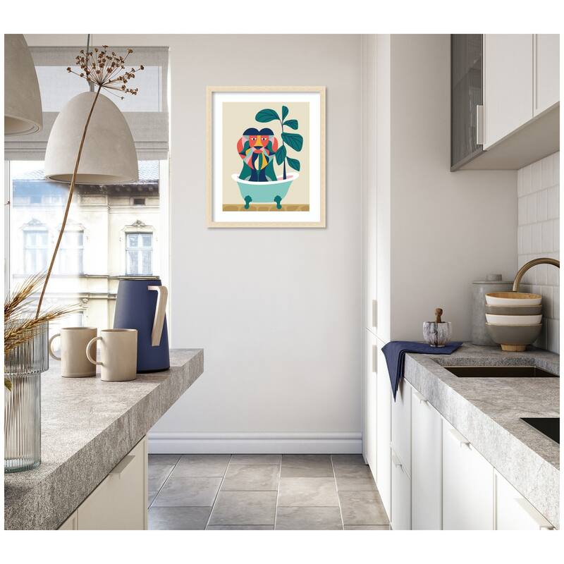 Kate and Laurel Framed Art Mid Century Modern Lion in Bathtub by Rachel Lee