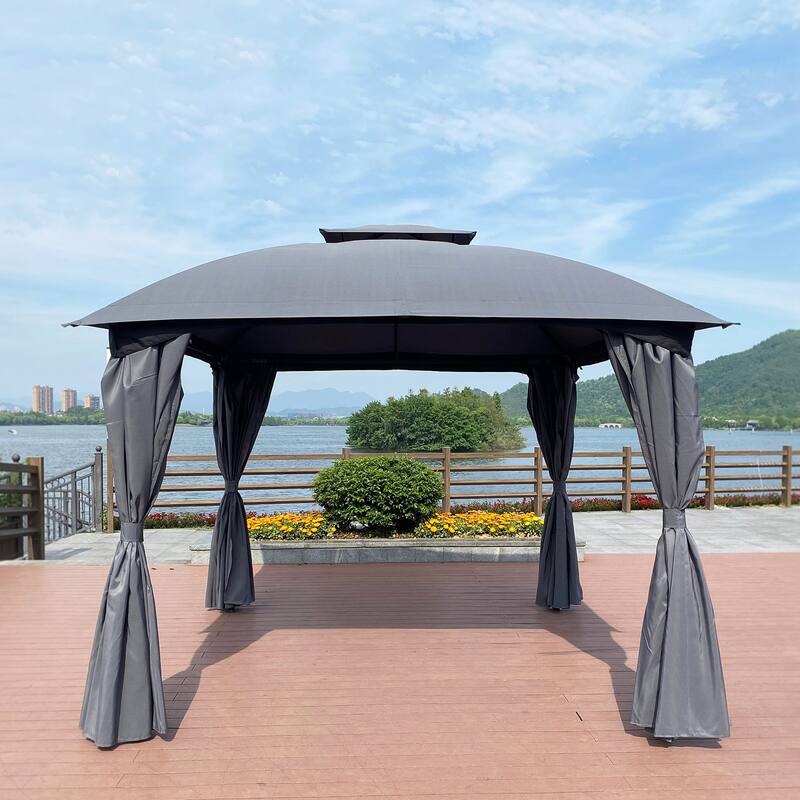 10x10 Ft Outdoor Patio Garden Gazebo Canopy, Outdoor Shading, Gazebo Tent With Curtains - Grey