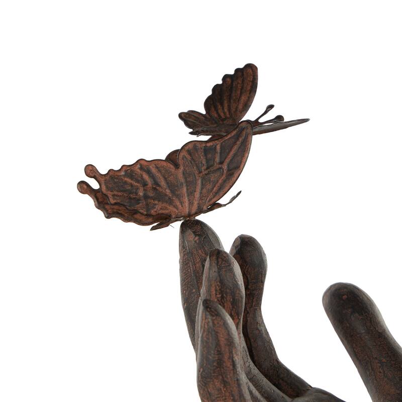 Dark Brown Polystone Raised Hands Decorative Sculpture with Butterfly Accents