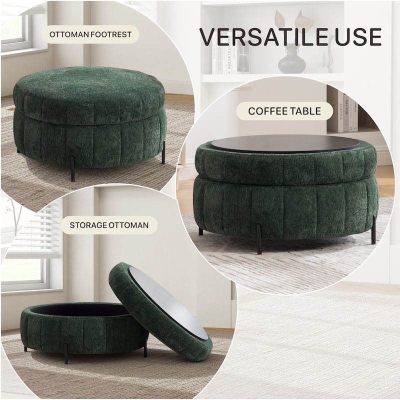 31.3"W Round Storage Ottoman, Footstool with Reversible Lid,Coffee Table,Metal Legs