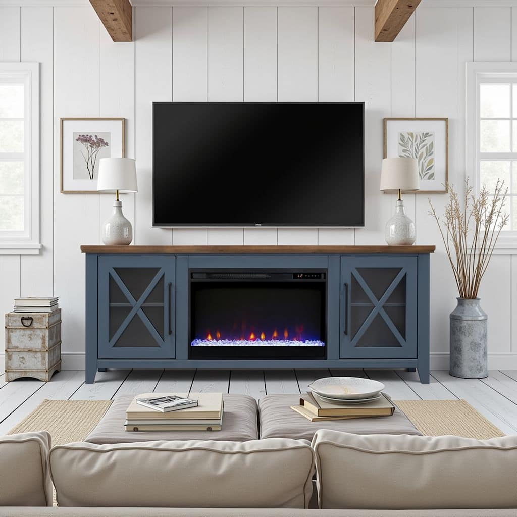 Bridgevine Home Ithaca 66 inch Fireplace TV Stand, For TVs up to 80 inches, Minimal Assembly Required