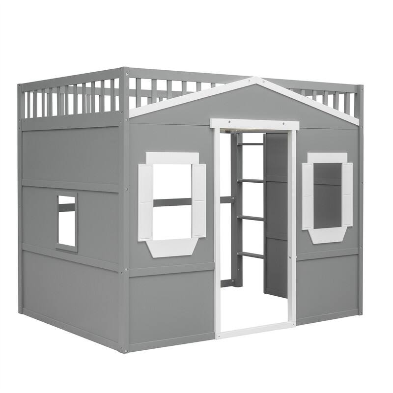 Solid Wood House Loft Bed with Window Design and Ladder, Twin/Full Size Playhouse Bed Loft Bed Frame with Guardrail for Kids