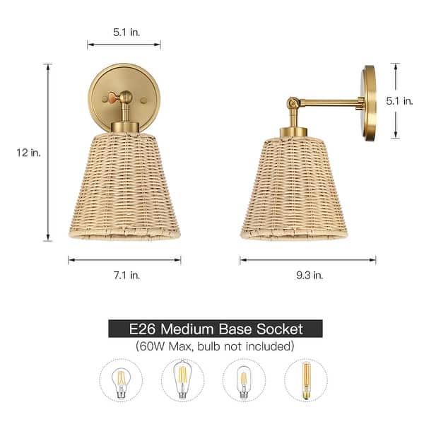dimension image slide 1 of 2, 1-Light Boho Natural Rattan Hardwired Wall Sconce with Adjustable Swivel Swing Arm