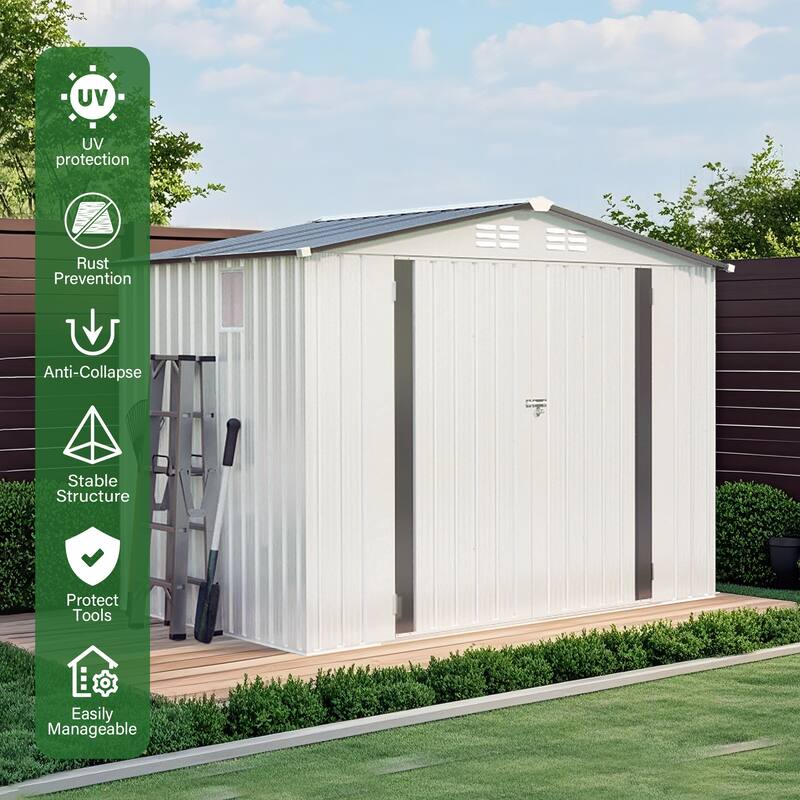 8X6 FT Metal Outdoor Storage Shed, Tool Shed with Pitched Roof Waterproof with Side Window and Lockable Door, Metal Tool Shed