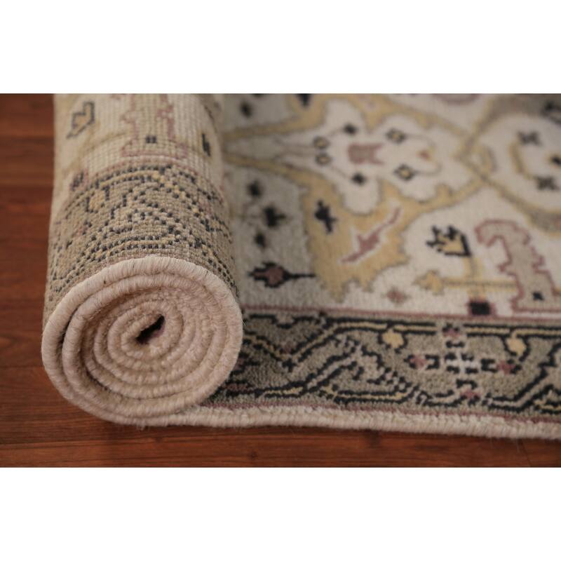 All-Over Ivory Oushak Indian Runner Rug Handmade Wool Carpet - 2'6"x 7'9"