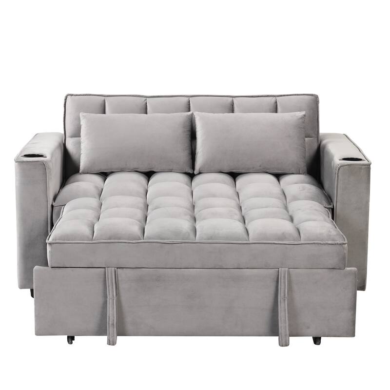 Loveseat Convertible Pull-out Sleeper Sofa Bed Adjustable Backrest Tufted Couch Futon Sofa w2 Pillows, USB Ports Pockets