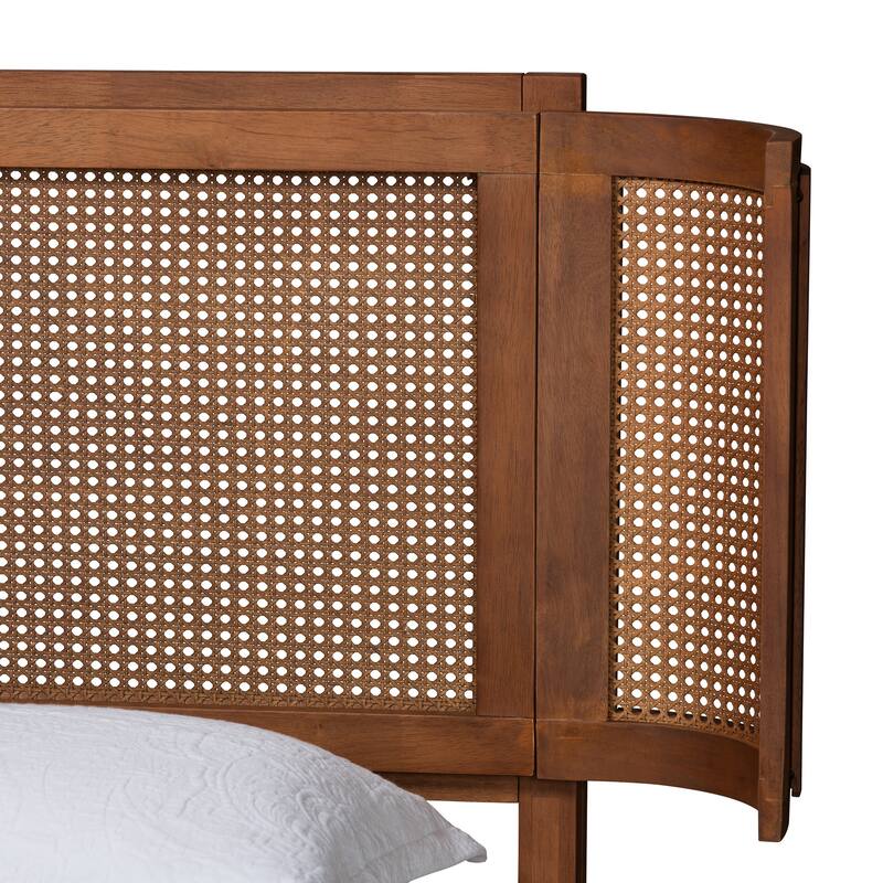 Eridian Mid-Century Modern Walnut Brown Finished Wood and Natural Rattan Platform Bed