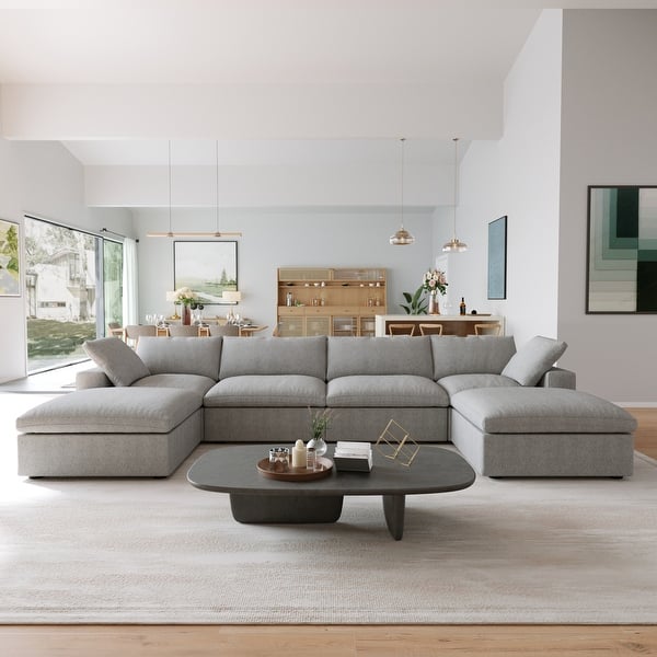slide 2 of 20, Modern Linen Sectional Sofa Commix Down Filled Overstuffed Upholstered Couches for Living Room grey 6-seats