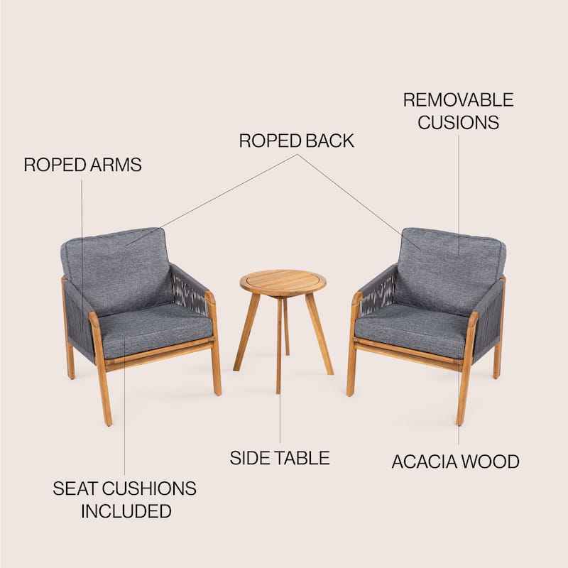 Porto 3-Piece Modern Bohemian Roped Acacia Wood Conversation Outdoor Patio Set with Cushions, by JONATHAN Y