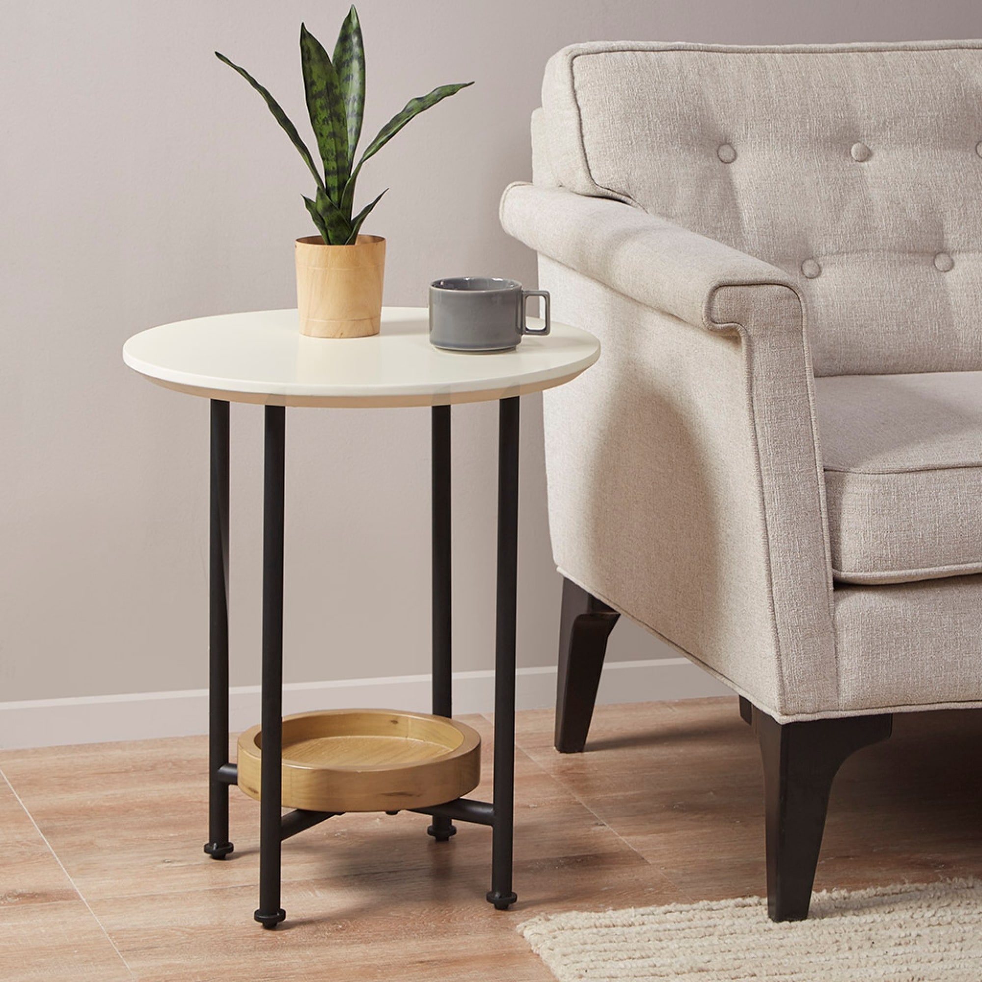 Roomfitters Oval End Table, Modern Side Table with Lower Shelf and Metal Legs for Living Room or Lounge, White Natural