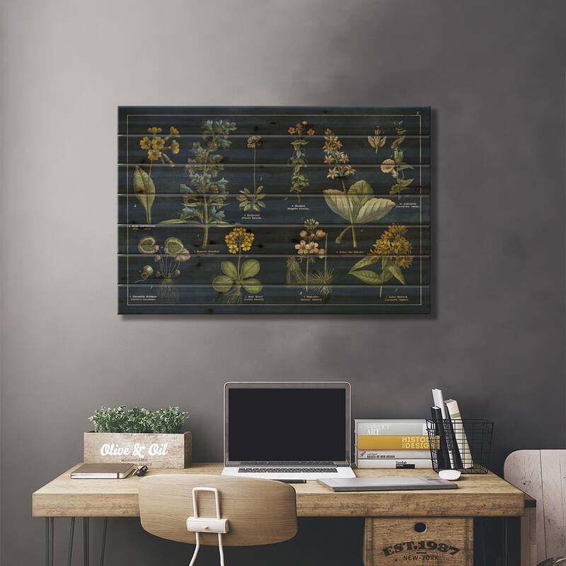 Botanical Floral Chart I Dark Blue Print On Wood by Wild Apple Portfolio - Multi-Color