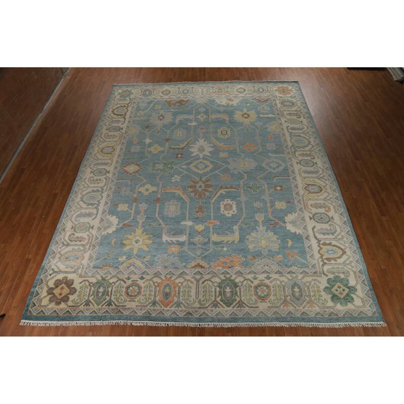Floral Blue Oushak Indian Large Rug Handmade Wool Carpet - 11'10" x 14'9"