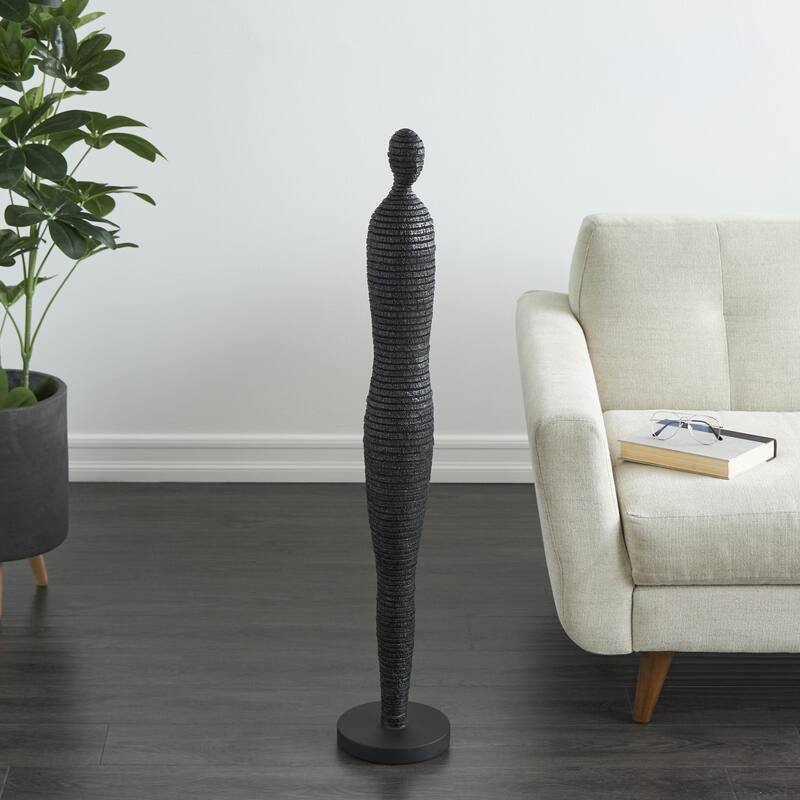 Black Polyresin Tall Slim Figure People Decorative Sculpture with Ribbed Body and Glitter Accents