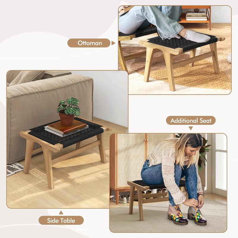 Gymax 2PCS Teak Ottoman Footstool w/ Handwoven Cordage for Patio Porch