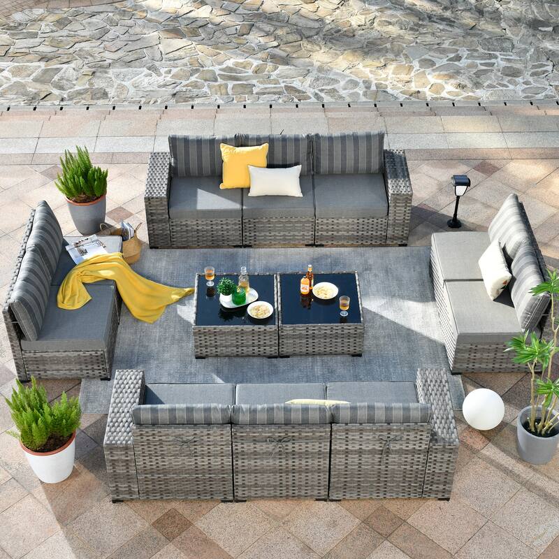 HOOOWOOO 12-Piece Rattan Outdoor Patio Furniture Modular Wide Armrest Sectional Set