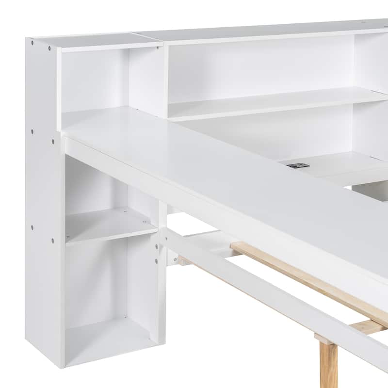 LED Platform Daybed, Wooden Sofa Bed Frame with Built In Desk, Charging Station, Upholstered Headboard, 2 Drawers and Shelves