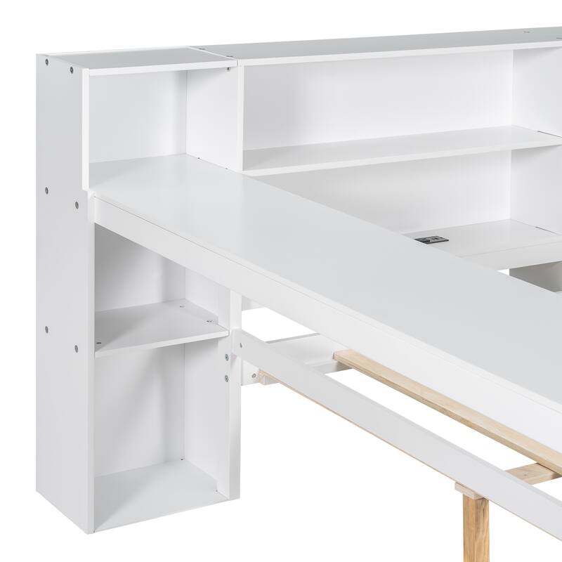Wood Daybed Twin Size Platform Bed with Storage Shelves, Drawers, Charging Station, Desk, LED and Upholstered Cushion Headboard