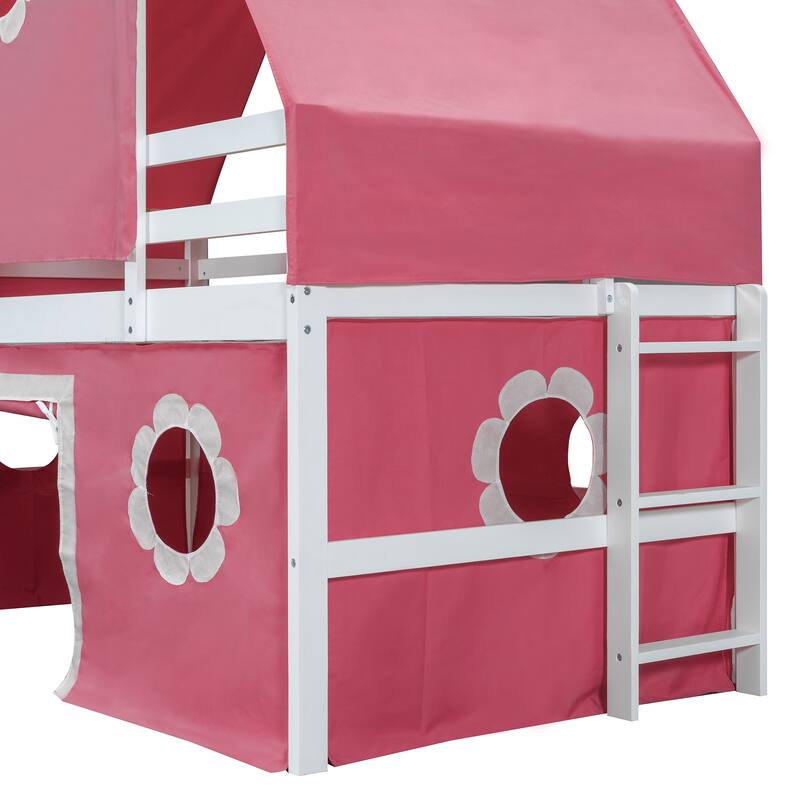 Castle Frame Bed Wood Loft Bed Loft Bed Convertible To Mini Playground with Pink Tent and Tower, Child Bed Tent