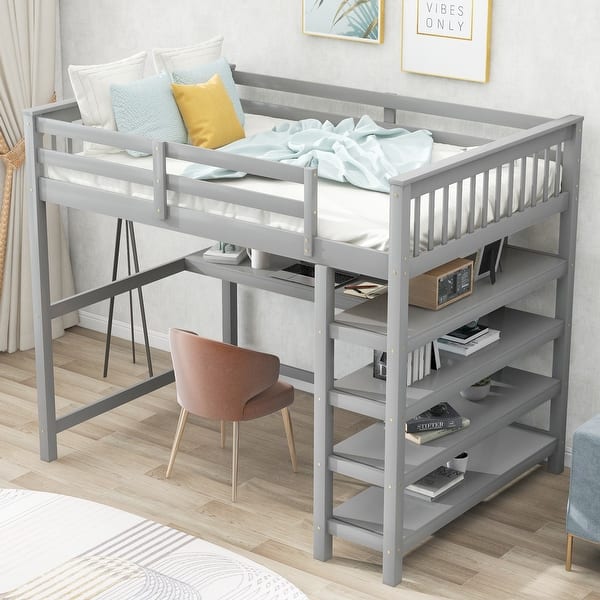 slide 2 of 45, Multifunctional Design Wood Loft Bed with Built-in Desk and Shelfs, Space Saving, Full Size Grey