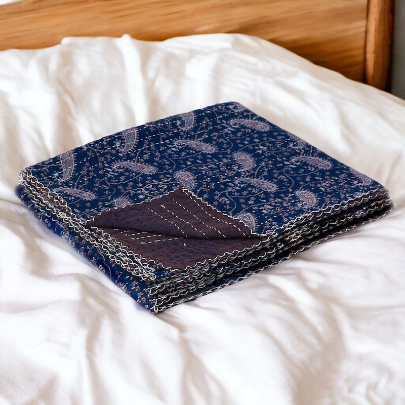 HomeRoots 50" X 70" Blue and Gray Kantha Cotton Paisley Throw Blanket with Embroidery