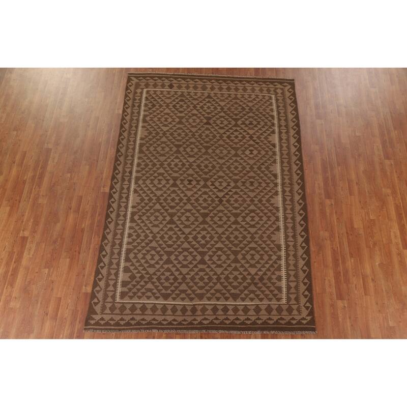 Hand Woven Oriental 100% Wool Carpet Southwestern Geometric Brown Kilim Area Rug - 9' 6'' X 6' 4''