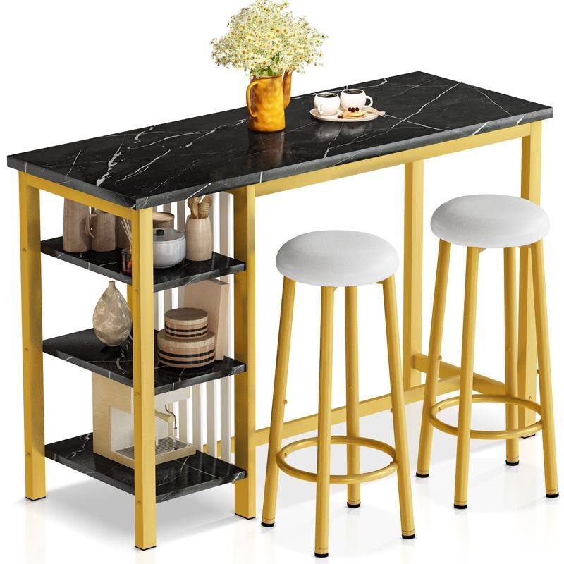 Grondin Modern Contemporary Faux Marble 3 Piece Bar Table Set with 2 Upholstered Stools and Extra Storage Shelves