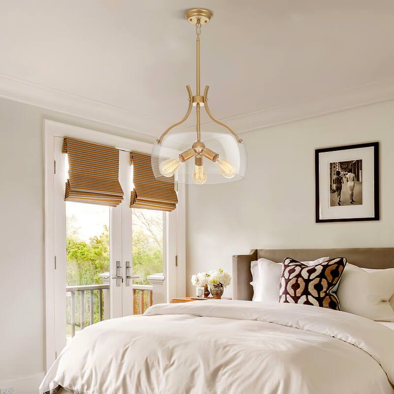 Simple and elegant 3-light metal frame pendant lamp with adjustable height chain and glass lampshade