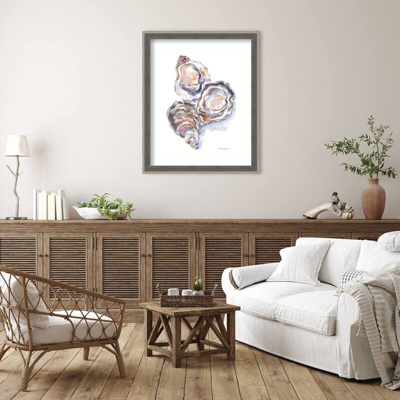 3 Oysters by Patricia Shaw Wood Framed Wall Art Print - Cottage Grey Silver