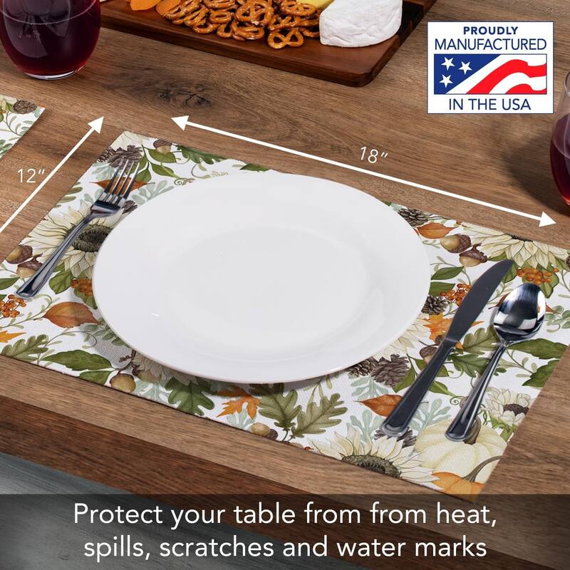 Farmhouse Fall 4-Pack Poly-Cotton Blend Placemats Manufactured in The USA Machine Washable Dryer Safe