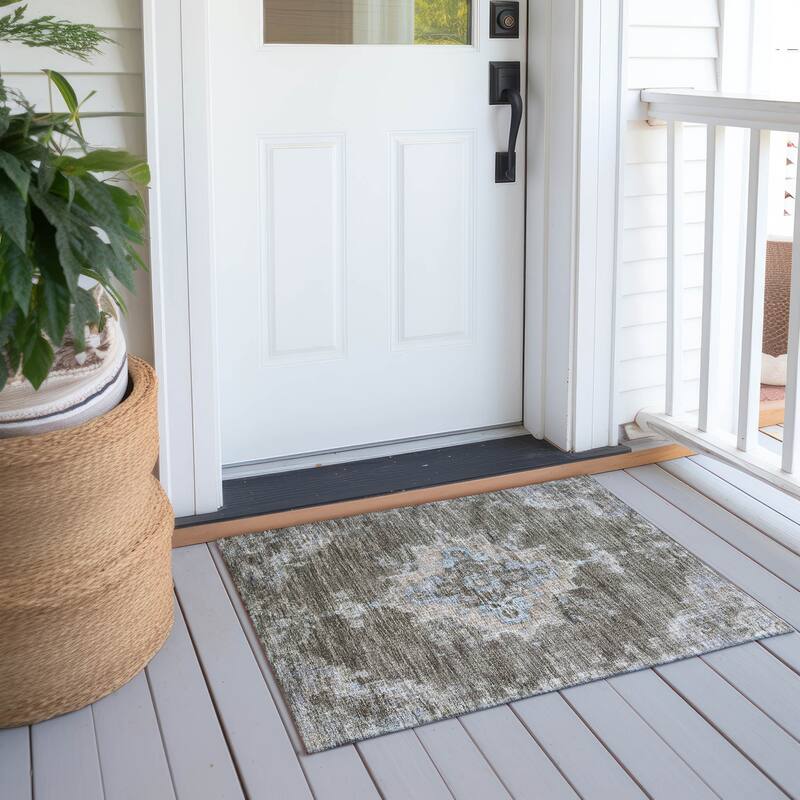 Machine Washable Indoor/ Outdoor Traditional Tabriz Chantille Rug - Brown - 1'8" x 2'6"