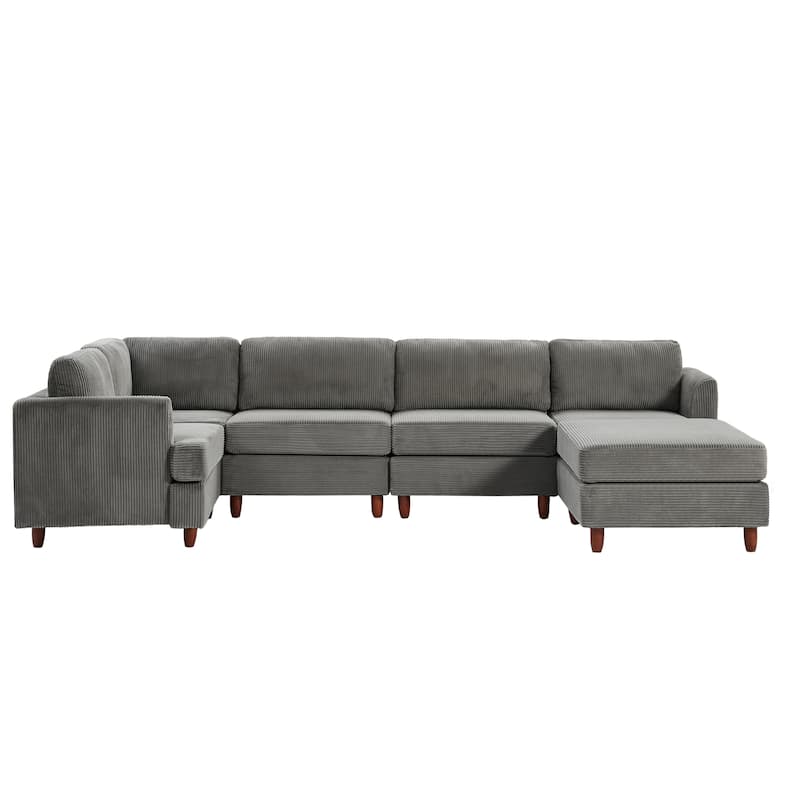 Modern Modular Sectional Couch, 6 Seaters Corner Sleeper Sofa Corduroy Upholstered Sofa Bed with Ottoman, L-shape Couch