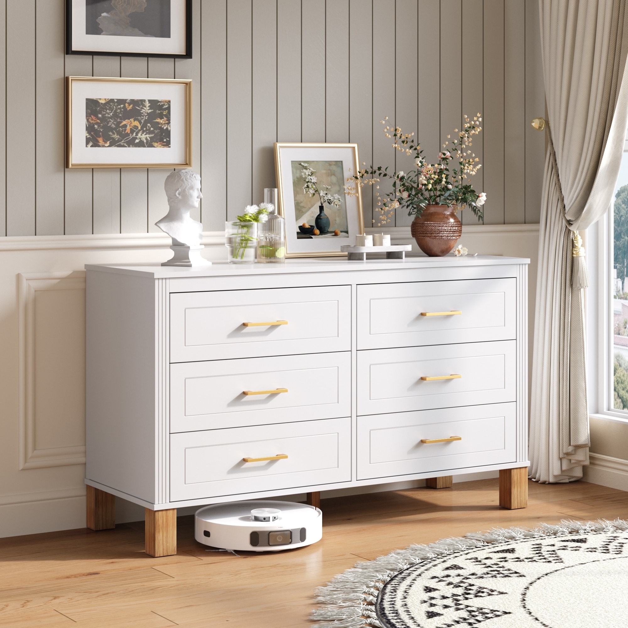 Modern Wooden 6-Drawer Storage Dresser with Metal Handles and Solid Wood Legs by GDFStudio