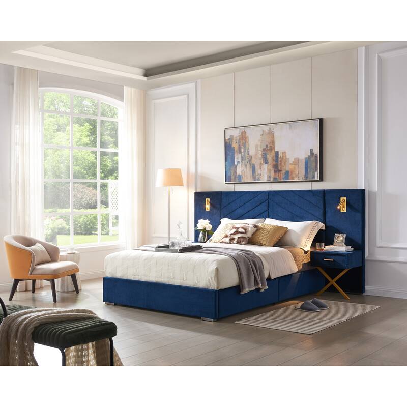 King Size Velvet Bed Frame with LED Lights and Floating Bedside Tables, No Box Spring Needed - Blue
