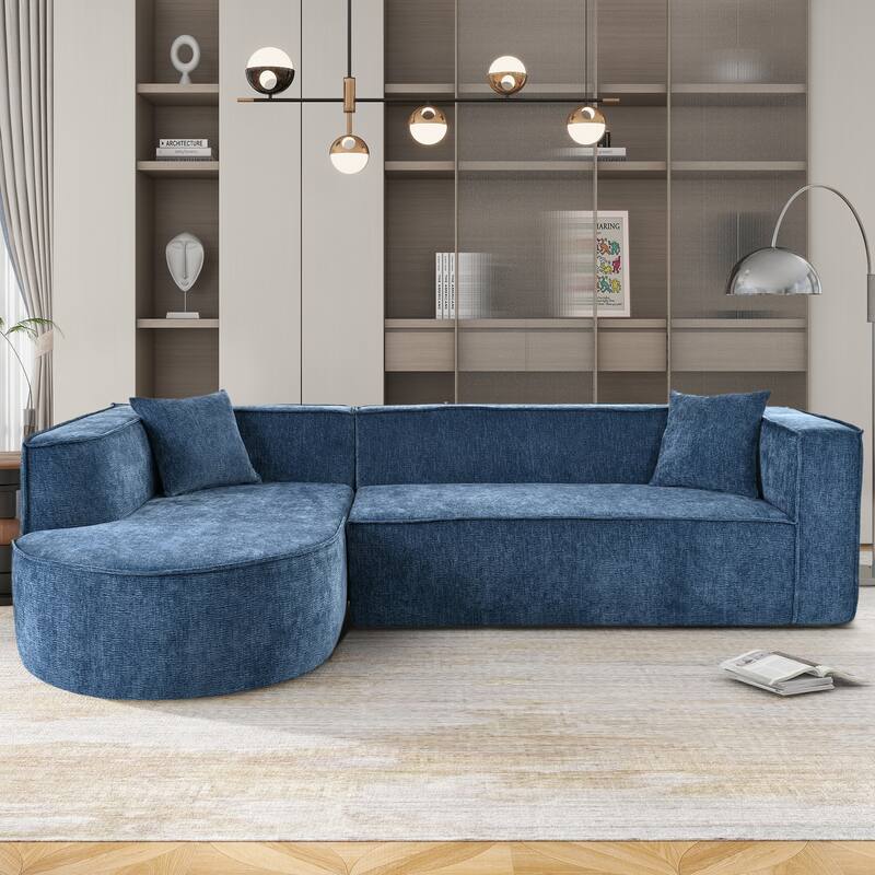 Modern Sectional Sofa, Chenille Modular L-Shape Sofa Couch with 2 Plush Throw Pillows, Curved Sponge Sleeper Couch - Blue
