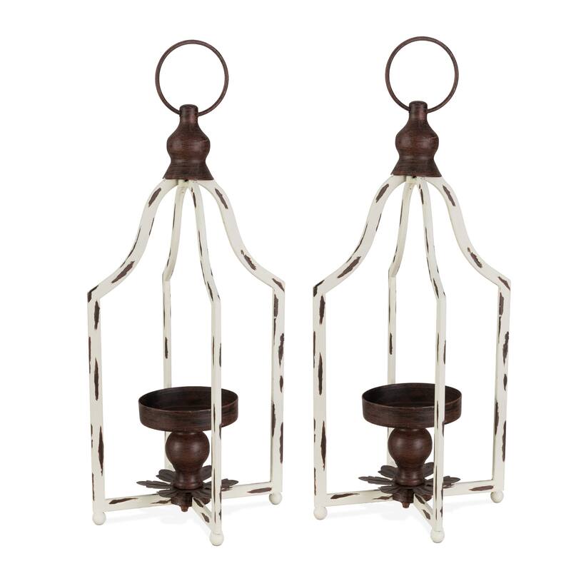 Glitzhome 16.50"H Modern Farmhouse Small Antique White Metal Lantern Candle Holder - 2PK