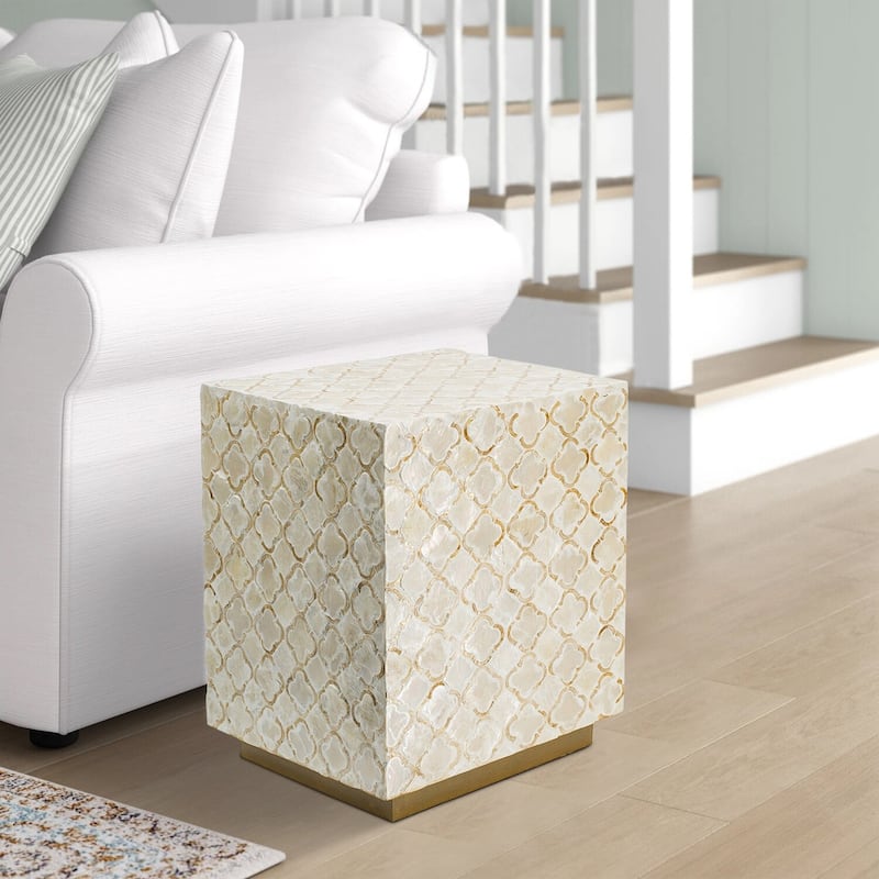 13.8 in. Cream and Gold Square Wood End Table, Sturdy Build End Side Table for Living Rooms