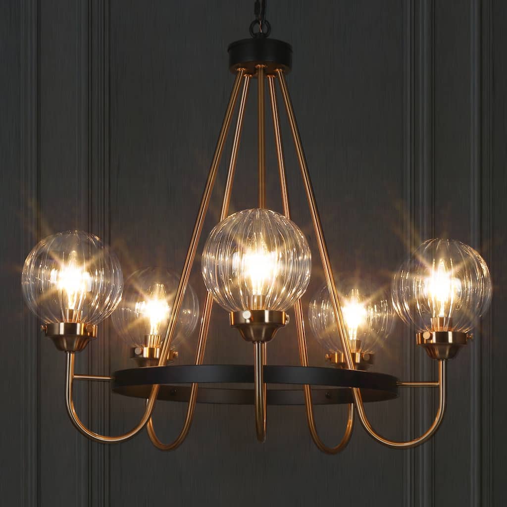 Modern 5-Light Black Gold Wagon Wheel Chandelier Glass Pendant Light for Dining Room - 22" D x 21.5" H