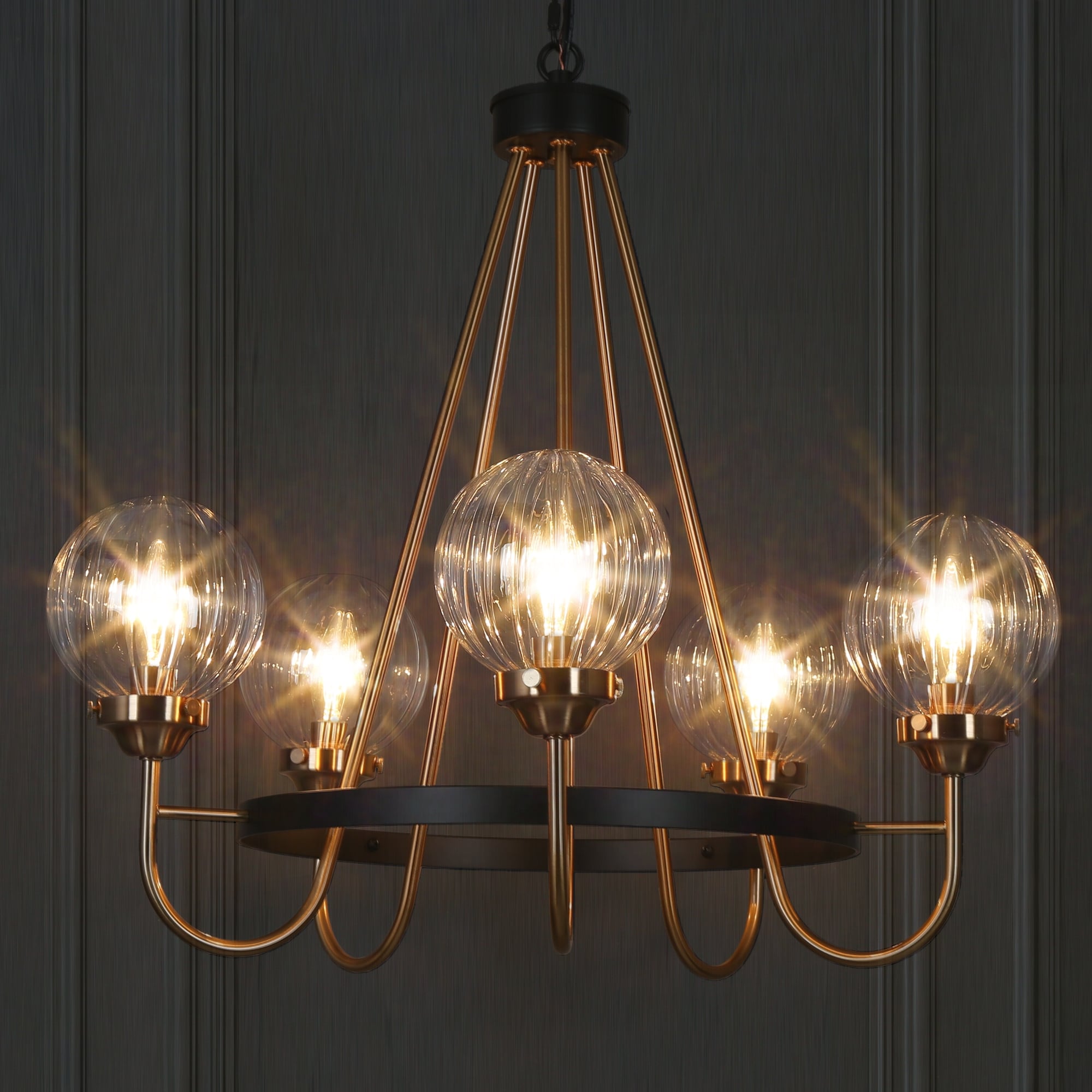 Modern 5-Light Black Gold Wagon Wheel Chandelier Glass Pendant Light for Dining Room - 22" D x 21.5" H