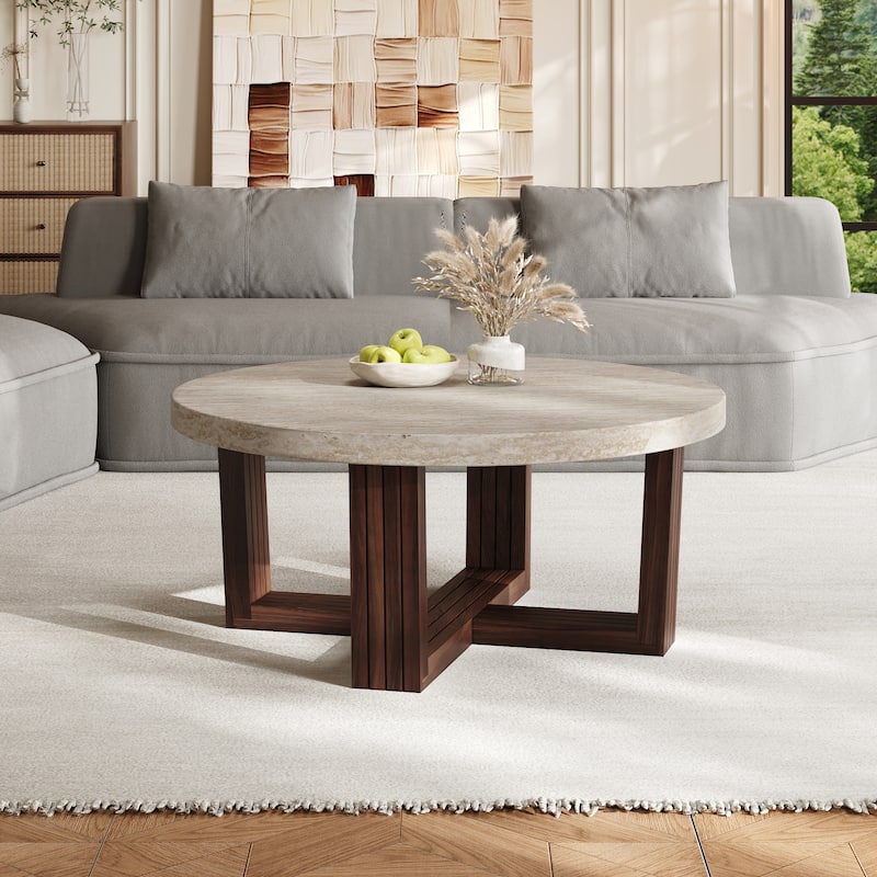 Round Coffee Table 31.5 Inch Marble Pattern Top & Cross Brown Base, Modern Center Table for Living Room