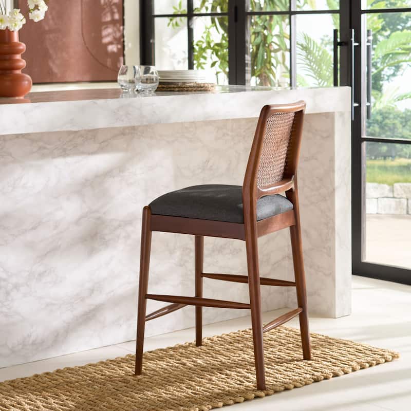 SAFAVIEH Home Reinhardt Rattan Counter Stool - 18"W x 19"D x 41"H - Grey/Walnut