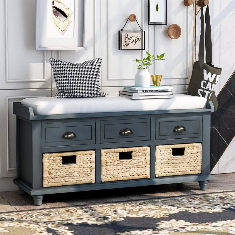 Harper & Bright Designs 3-Drawer Storage Bench with 3 Rattan Baskets