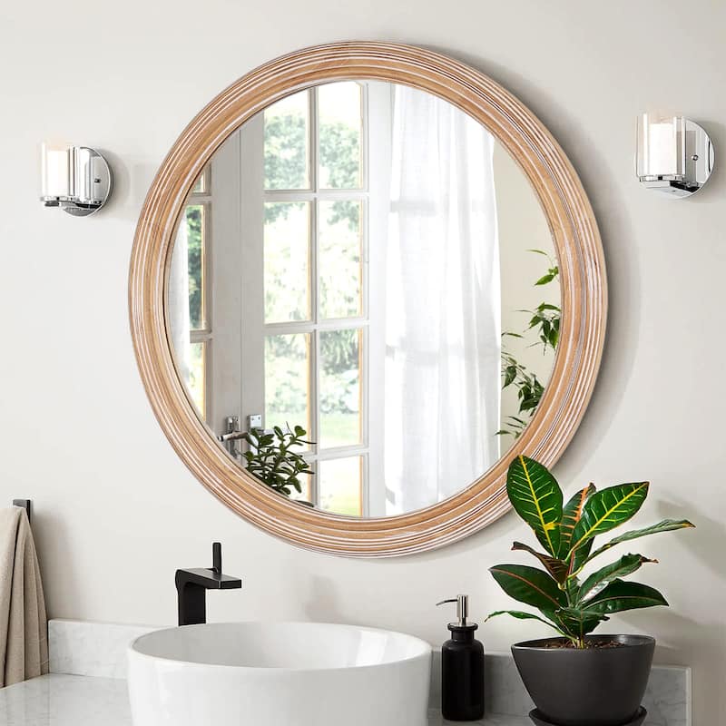 GDF Studio - Elara Round Wooden Farmhouse Wall Mirror