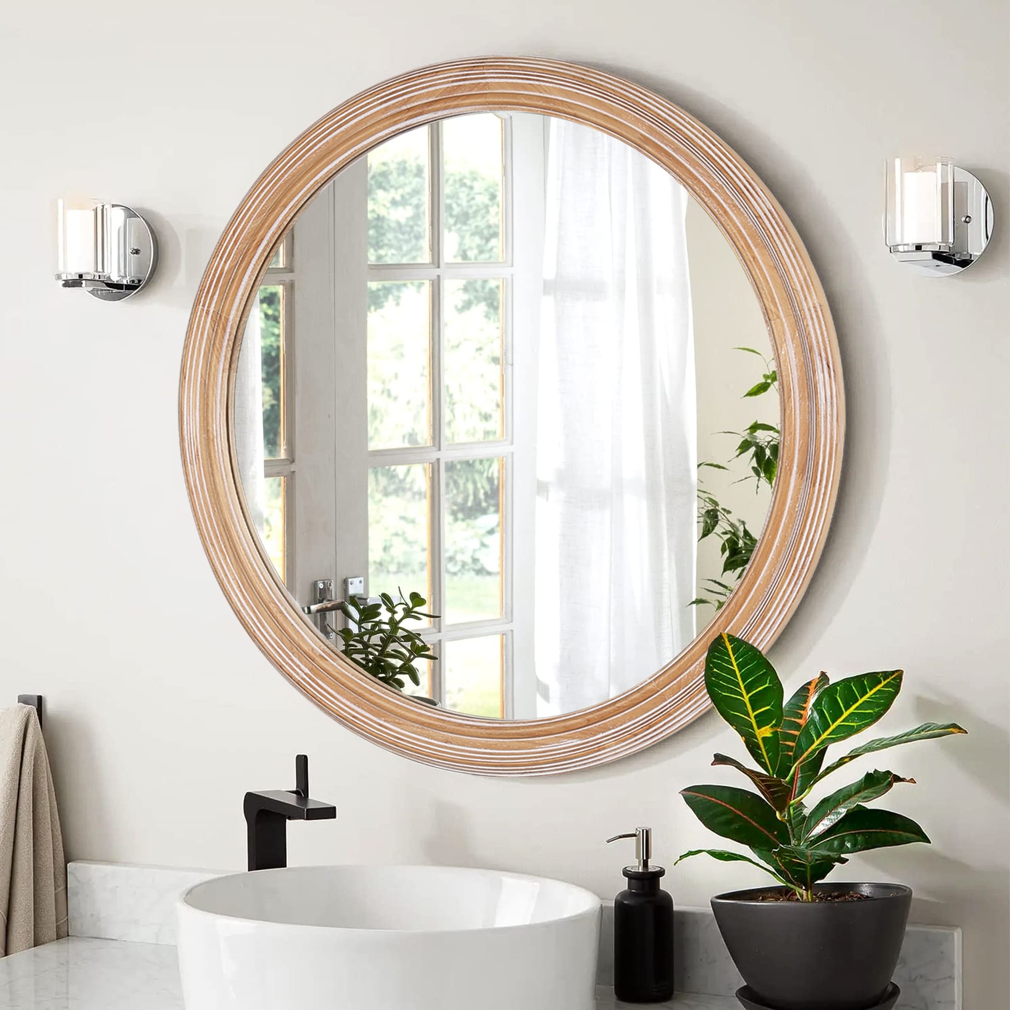 Round Wood Ribbed Detail Wall Mirror - Coastal & Farmhouse Decor - Natural Wood