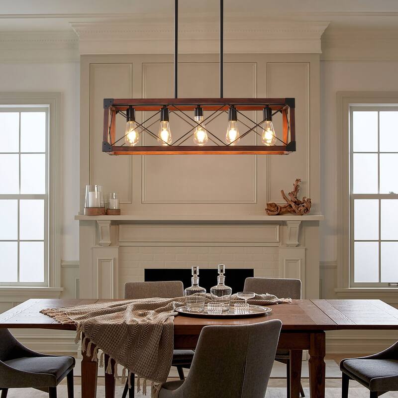 Rustic 5-Light Red Farmhouse Chandelier with Adjustable Suspension for Kitchen Island, Dining Room, and Living Room