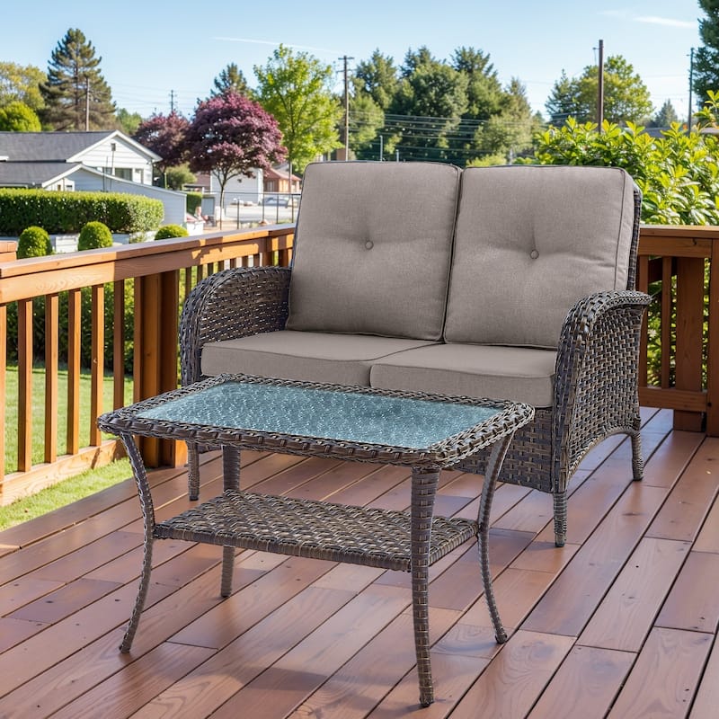 Outdoor Patio Loveseat Sofa with Coffee Table - Brown - Grey