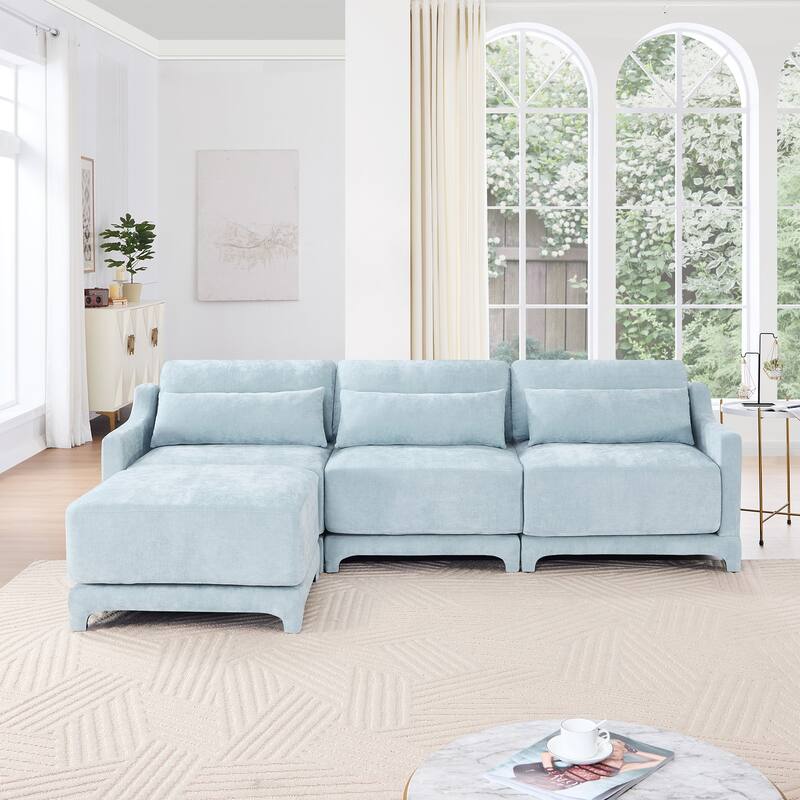 Modern Chenille 4-Seater Sofa with 2 Ottoman, Lumbar Cushions, Ergonomic Backrest, High-Resilience Spongeand Tufted Armrests