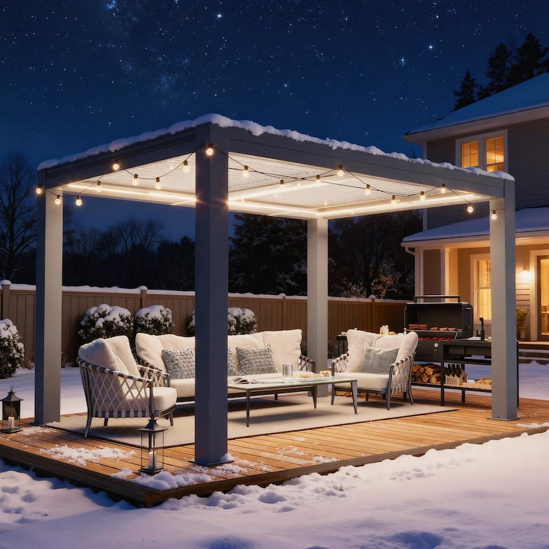 EROMMY Louvered Pergola 10x13, Aluminum Motorized Pergola with Adjustable Roof, 4 Patio Screens, Outdoor Shade and Rain Cover - 10x13 - Black