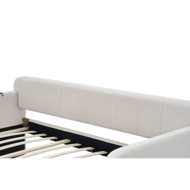 Twin Size Velvet Upholstered Daybed, Wood Sofa Bed Frame Daybed Couch with Trundle Bed and Wood Slat