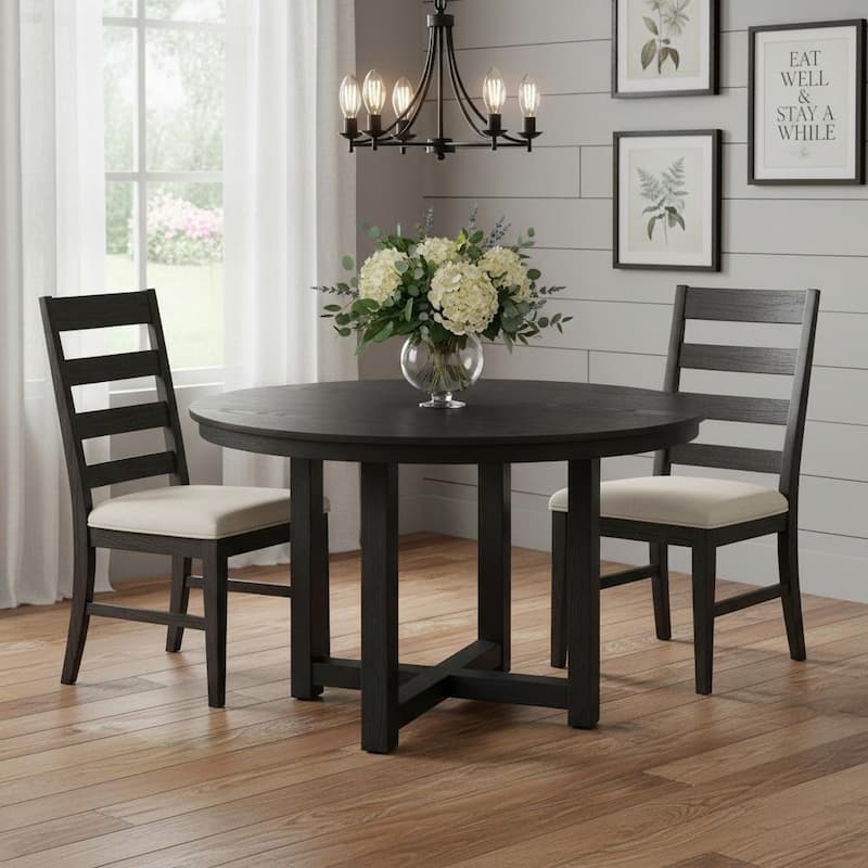 HomeRoots 52" Black Solid Wood Round Top Dining Table - 52.00 in. x 30.00 in. x 52.00 in. - Black - 52.00 in. x 30.00 in.  x 52.00 in.